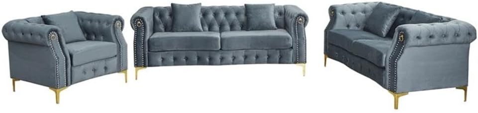 Pemberly Row 3-Piece Living Room Sofa Set, Velvet Upholstery, Gray with Golden Rivets, Includes Sofa, Loveseat, Armchair, Button Tufted, Nailhead Trim, Modern Chesterfield Style, Comfortable Seating