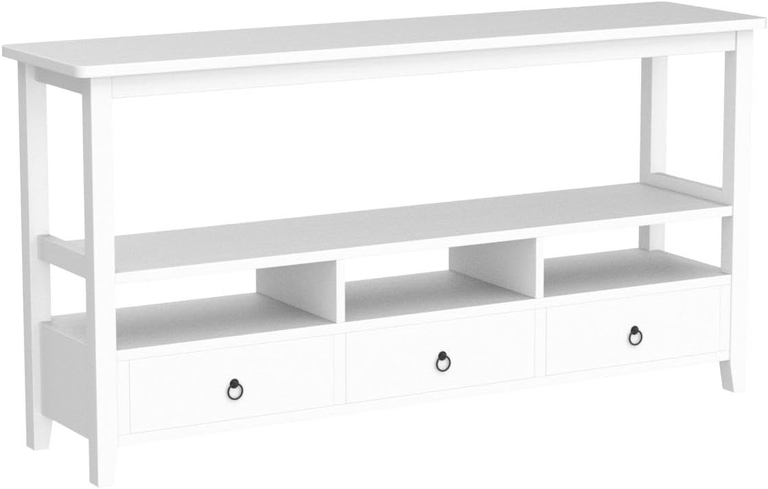 Karl home Console Table with 3 Bottom Drawers, 57.9' W Sofa Side Table Entryway Desk with 3 Storage Cubbies 1 Open Shelf, Vintage TV Stand for Hallway Living Room Office, White 29.9' H