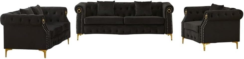Pemberly Row 3-Piece Velvet Sofa Set, Black Upholstery with Gold Nailhead Trim, Includes Sofa, Loveseat, Armchair, Tufted Detailing, Rolled Arms, Gold Metal Legs, Living Room Furniture for Elegant