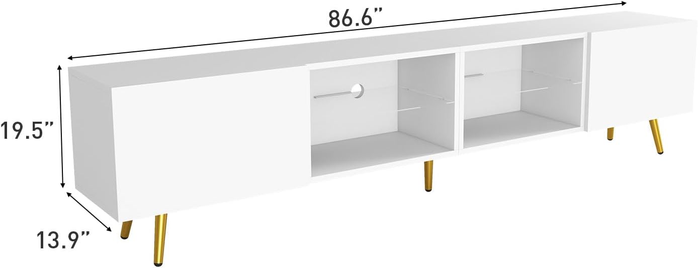 Bonzy Home 86' LED TV Stand, Modern Entertainment Center up to 75' 80' 85' TV, Television Console Table with Storage Cabinets for Living Room, White