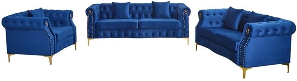 Pemberly Row 3-Piece Blue Velvet Living Room Sofa Set, Includes Sofa, Loveseat, Armchair, Button Tufted Upholstery, Gold Metal Legs, Nailhead Trim, Plush Cushions, Elegant Seating for Home or Upscale