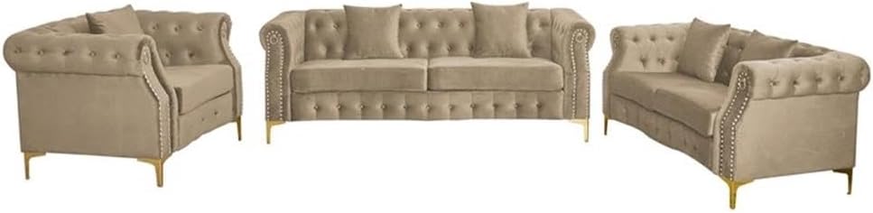 Pemberly Row 3-Piece Velvet Living Room Sofa Set, Beige Upholstery, Golden Rivets, Includes Sofa, Loveseat, Armchair, Button Tufted Design, Rolled Arms, Metal Legs, Comfortable Seating for