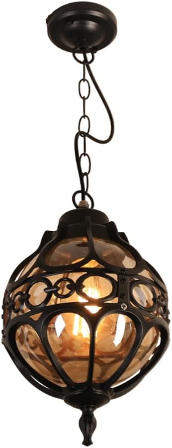 Retro Outdoor Pendant Light Industrial Vintage Outside Waterproof Ceiling Hanging Light Globe Glass Lampshade Aluminum Chandelier for Porch Garden Patio Farmhouse (Black,23cm)