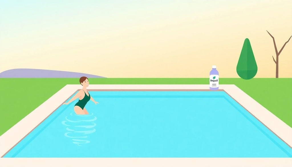 BAQUACIL Swimming Pool Sanitizer and Algistat 64 fl oz Chlorine-Free Sanitizer with Algae Control Gentle on Skin Includes My Garden Pool 2 Scum Socks & 7-1 Test Strips 4 Pack