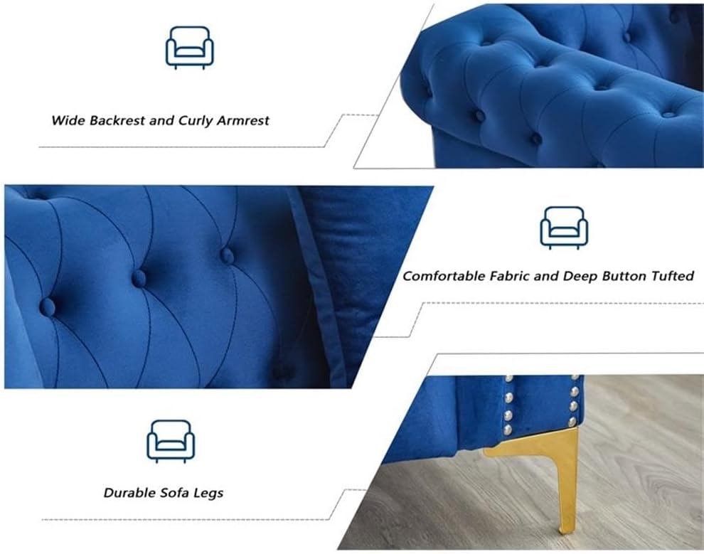 Pemberly Row 3-Piece Blue Velvet Living Room Sofa Set, Includes Sofa, Loveseat, Armchair, Button Tufted Upholstery, Gold Metal Legs, Nailhead Trim, Plush Cushions, Elegant Seating for Home or Upscale