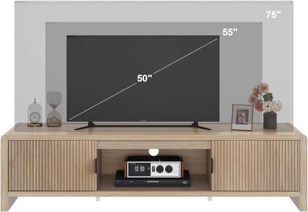 FATORRI TV Stand for TVs up to 75/65/55 Inch, Wood Entertainment Center with Storage, Farmhouse Waveform Fluted-Door Television Media Console for Living Room, Bedroom (63 Inch W, Light Walnut)