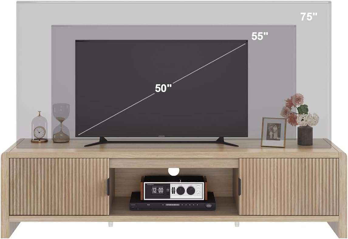 FATORRI TV Stand for TVs up to 75/65/55 Inch, Wood Entertainment Center with Storage, Farmhouse Waveform Fluted-Door Television Media Console for Living Room, Bedroom (63 Inch W, Light Walnut)