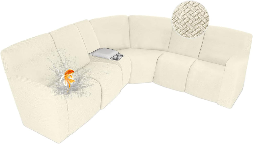 ALIECOM 100% Waterproof Recliner Sectional Couch Covers L Shape Stretch Corner Reclining Sectional Sofa Cover Washable Recliner Slipcover Protector for Dog Pet (5 Seat and 1 Console, Beige)