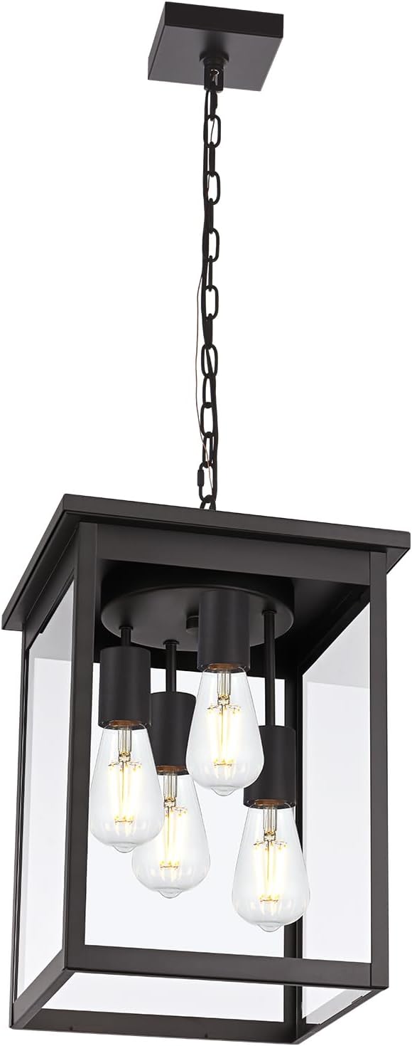 4-Light Large Outdoor Pendant Light Fixtures Oil Rubbed Bronze, Adjustable Height Outdoor Ceiling Light, Exterior Hanging Light Fixture for Patio Yard Front, E26 Base Hanging Porch Light