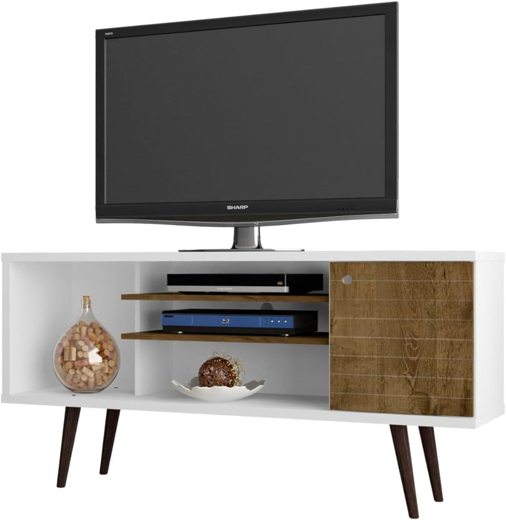 Manhattan Comfort Liberty Mid Century Modern TV Stand for Televisions up to 50 Inches, Bedroom and Living Room Entertainment Center with Storage, Shelves, and Cabinet, 53' Wide, White/Rustic