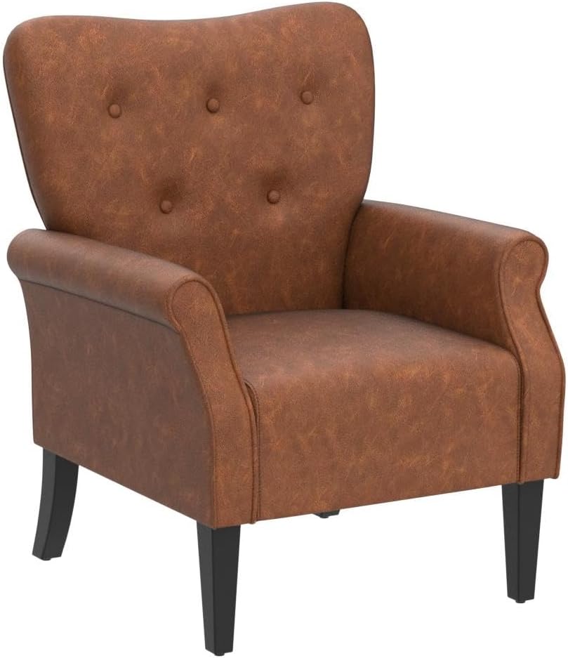 Yaheetech Modern Armchair, Mid Century PU Leather Accent Chair with Sturdy Wood Legs and High Back for Small Space, Upholstered Club Sofa for Living Room/Bedroom, Set of 2, Retro Brown