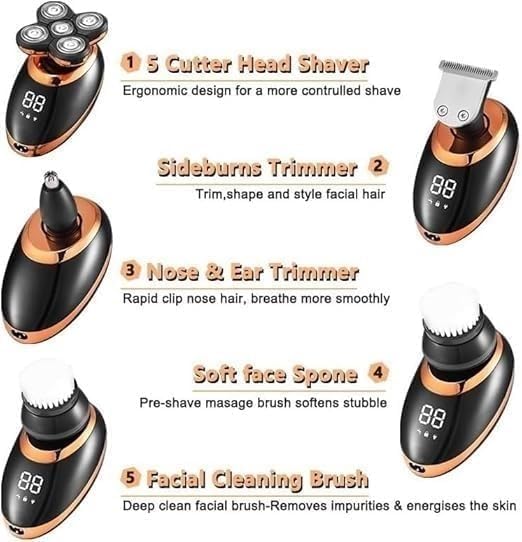 Electric Shavers for Men, 5 in 1 Electric Shaver for Men Beard Hair Trimmer Electric Razor 5D Floating 5 Blade Heads Electric Nose Hair Trimmer LCD Display