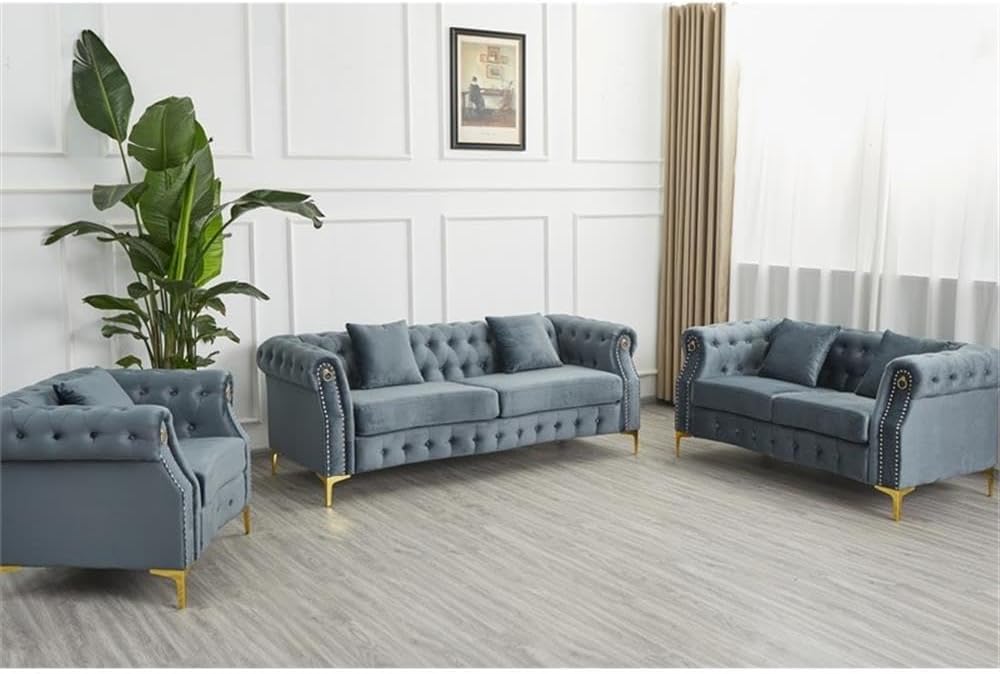 Pemberly Row 3-Piece Living Room Sofa Set, Velvet Upholstery, Gray with Golden Rivets, Includes Sofa, Loveseat, Armchair, Button Tufted, Nailhead Trim, Modern Chesterfield Style, Comfortable Seating