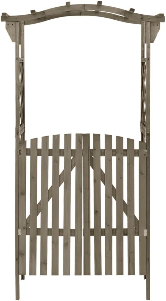 vidaXL Gray Pergola with Gate, Sturdy Solid Firwood and Pine Wood Garden Arch, Weather-Resistant Outdoor Decorative Structure, Rustic Farmhouse Style, Easy Assembly, Measurements: 45.7'x15.7'x80.3'.