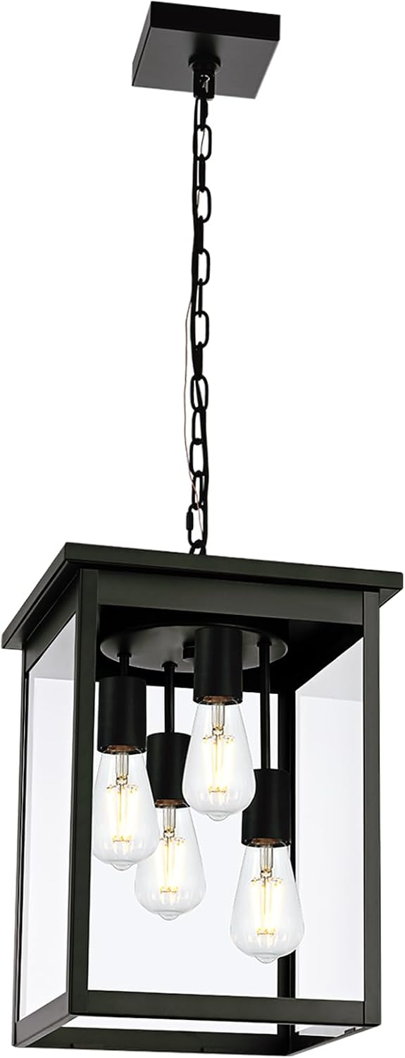 16.7'' Outdoor Pendant Lights for Porch, 4-Lights Black Exterior Pendant Light with Clear Glass, Outdoor Porch Light Ceiling Mount Outdoor Hanging Light Fixture for Gazebo, Patio, Entryway