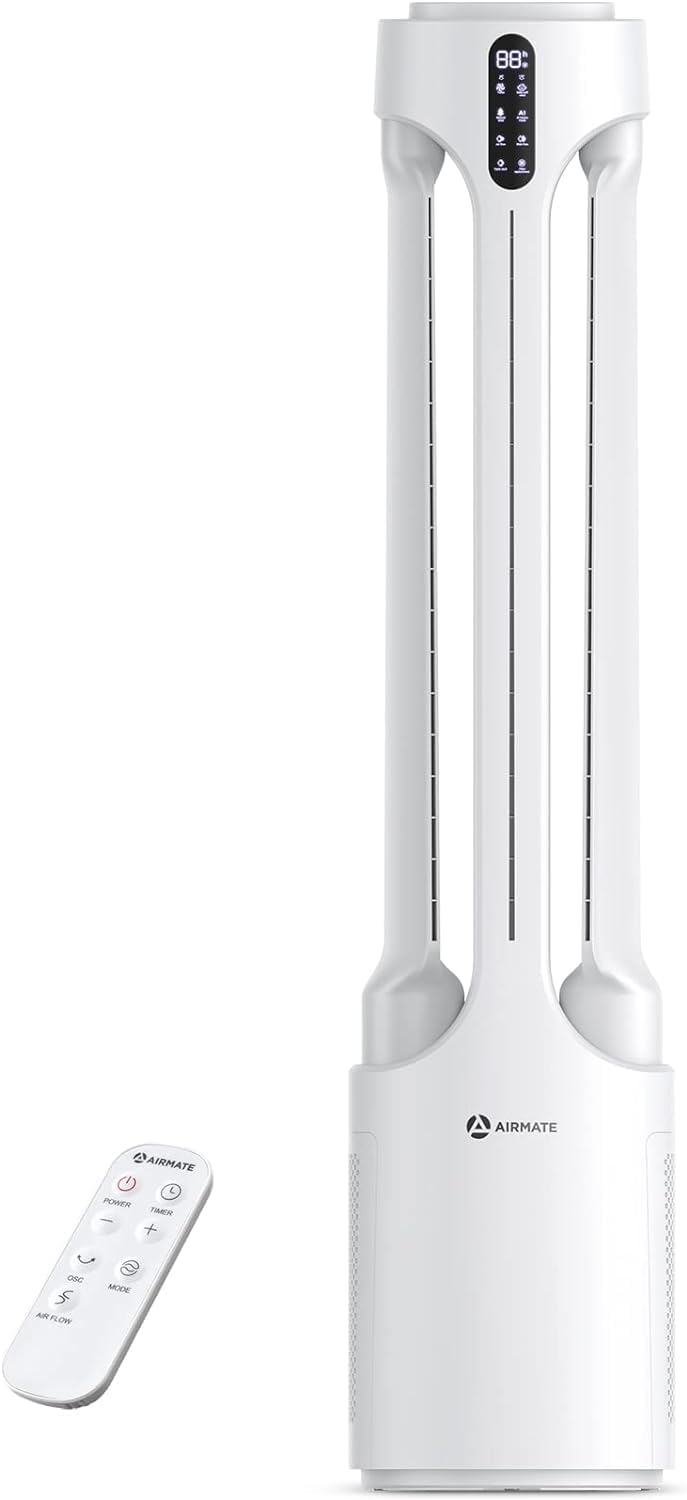 AIRMATE Air Purifier Bladeless Tower Fans, 1500CFM Large Air Volume, 45' 2-in-1 Standing Fan for Bedroom & Home, 28ft/s Velocity, 90° Oscillation, 24H Timer, Low Noise, White