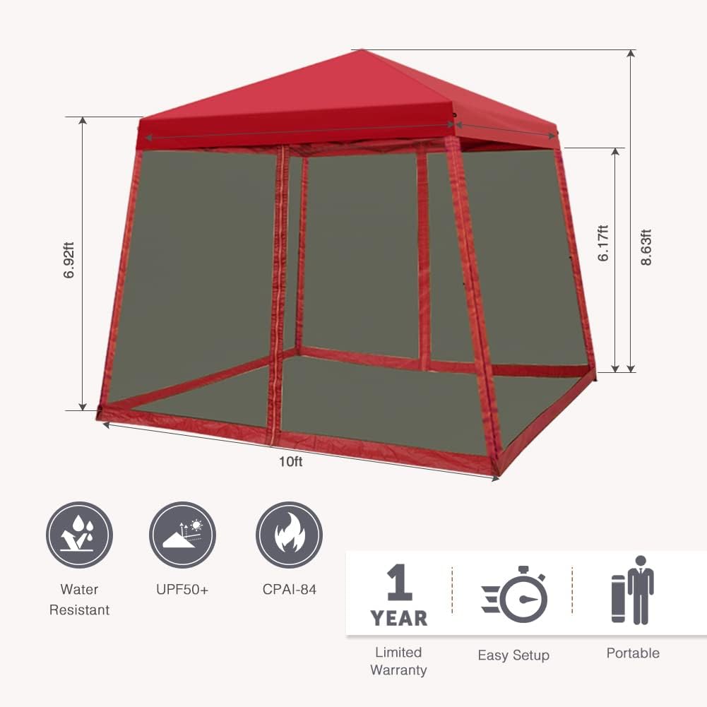COOS BAY 10x10 Pop Up Canopy Tent with Screen Netting, Slant Leg Canopy with UPF 50+ UV Protection, 64 Sq Ft Shade, One Person Setup with Carry Bag, Red