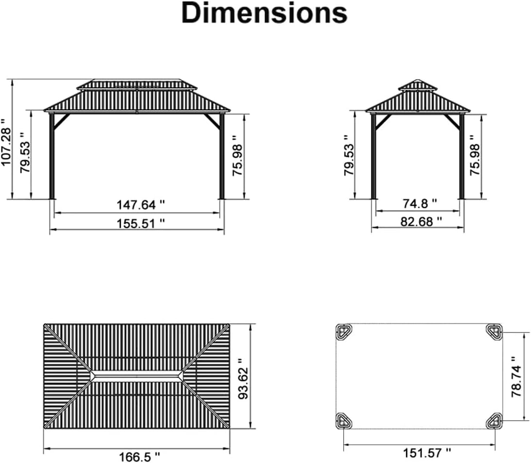 PURPLE LEAF 8' X 14' Hardtop Gazebo Outdoor Gazebos Metal Frame Galvanized Steel Double Roof with Curtains and Nettings for Patio Desk Backyard Bronze