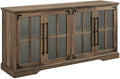 Pemberly Row Farmhouse 4 Door Wood TV Stand, Rustic Oak Finish, Tempered Glass Doors, Adjustable Shelves, Soft Close Hinges, Cord Management, 58'x16'x28', Fits TVs up to 64', Living Room Storage