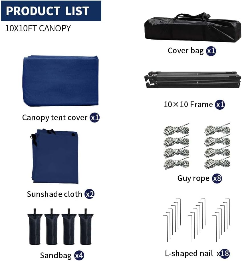 10x10 Pop Up Canopy Tent with 2 Sidewalls, Easy Up Canopy Upgraded Outdoor Party Sun Shade Tent Portable Gazebo for Beach Camping Events with Carry Bag and 4 Sand Bags (Navy Blue-New)