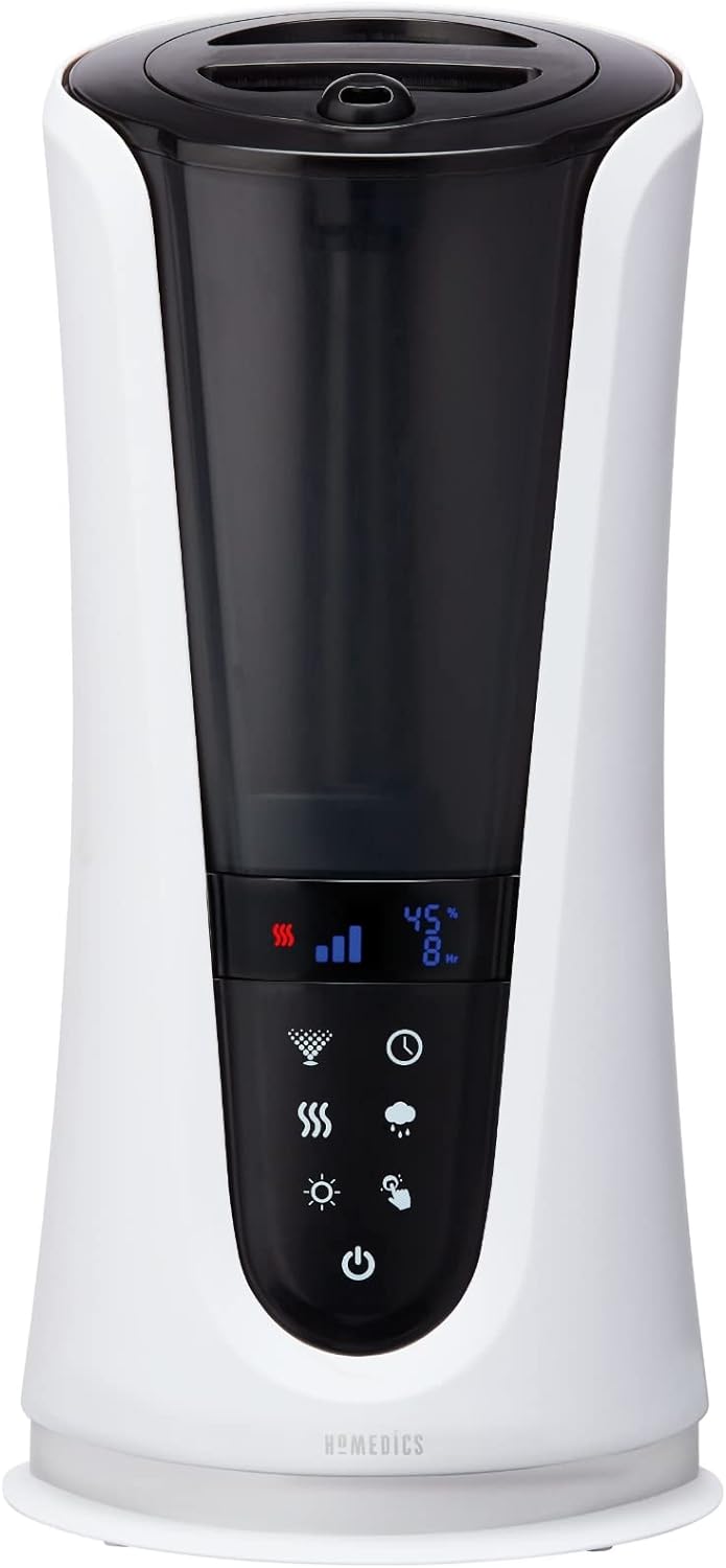 Homedics Ultrasonic Humidifier – Large Deluxe Air Humidifiers for Bedroom, Plants, Office – Cool and Warm Mist Humidifiers, Essential Oil Pads and Built-In Timer, 5 Mist Settings, White and Black