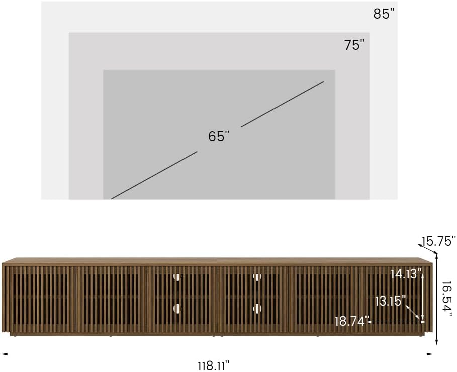 POVISON Full Assembled Mid Century Modern TV Stand, 118' Extra-Large Entertainment Center for 100 inch TV, Wood Slatted TV Media Console with Storage for Living Room Bedroom