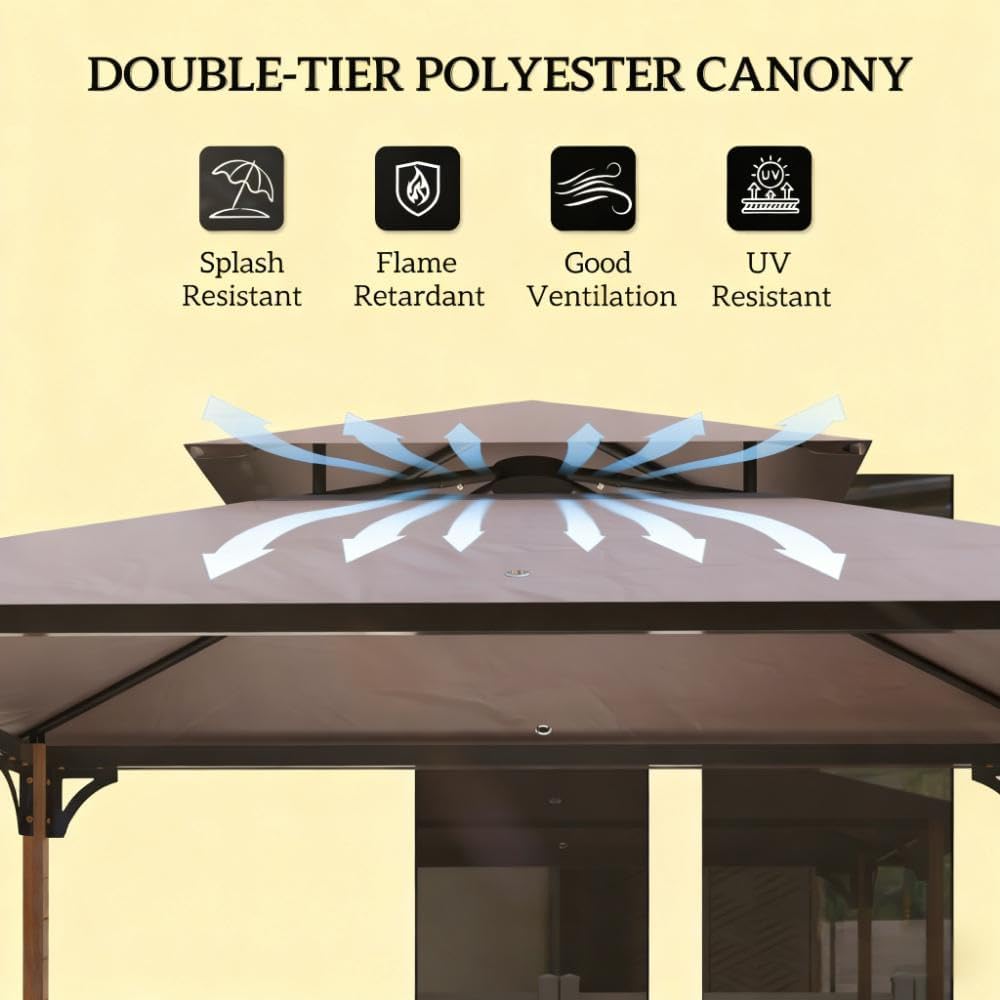 GOWE Double Tiered Barbecue Grill Gazebo Shelter,Grill Gazebo with Side Shelves and Hooks