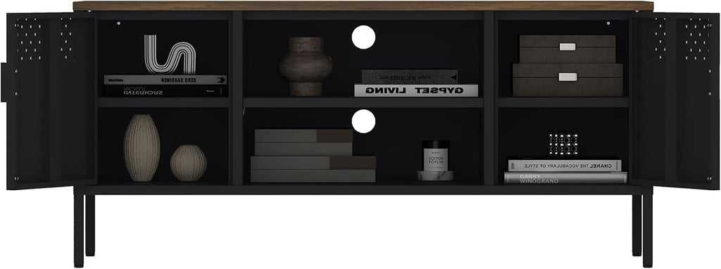 Manhattan Comfort Landen 47' Modern Metal TV Stand with Storage Cabinets & Open Shelves, Holds Up to 40' Screen, TV Console with Natural Wood Top, Cable Management, Adjustable Legs, Black