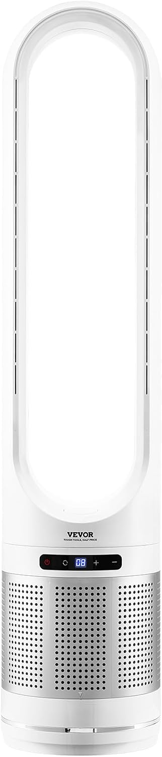 VEVOR Tower Fan Bladeless, 15.4ft/s Velocity Floor Fan that Blows Cold Air, 80° Oscillating 8-Speed Fans, 8H Timer, Standing Fans with H13 HEPA Filtration, Remote Control & Air Purification Mode