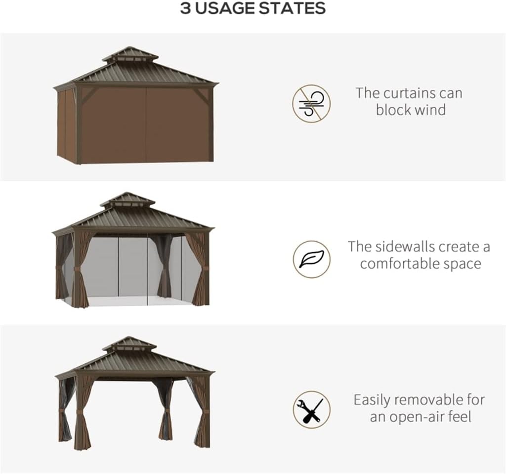 12'x12' Metal Roof Gazebo Canopy with Curtains and Netting, Outdoor Hardtop Gazebo with Aluminum Frame for Backyards