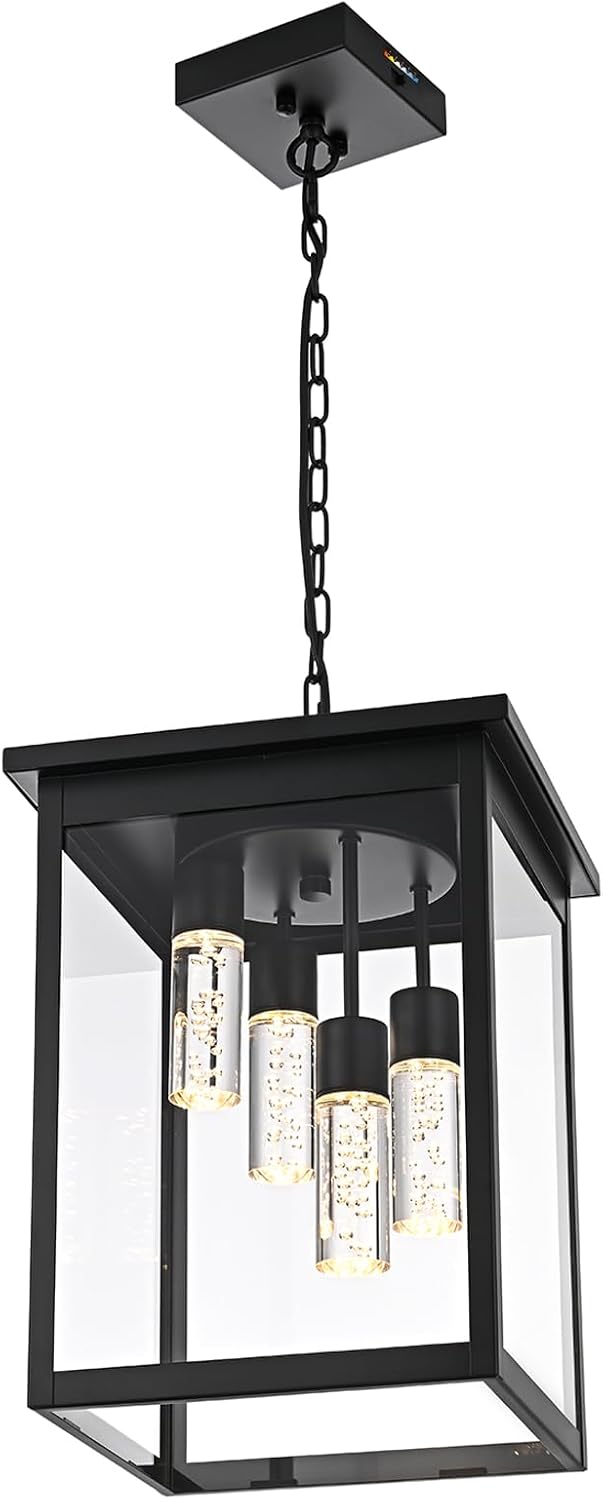 Yaohong 16.7' Large 5CCT LED Outdoor Pendant Light, 4-Lights Modern Black Hanging Ceiling Fixture with Acrylic Column & Clear Glass, Weatherproof Chandelier for Porch Gazebo Patio Entryway