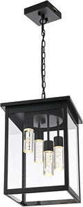Yaohong 16.7' Large 5CCT LED Outdoor Pendant Light, 4-Lights Modern Black Hanging Ceiling Fixture with Acrylic Column & Clear Glass, Weatherproof Chandelier for Porch Gazebo Patio Entryway