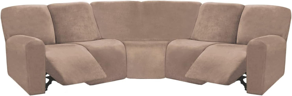 ULTICOR 7-Piece L Shape Sectional Recliner Sofa Covers, Velvet Stretch Reclining Couch Covers, Thick, Soft, Washable (Taupe, 5 Seat Recliner Cover)