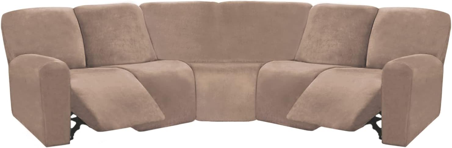 ULTICOR 7-Piece L Shape Sectional Recliner Sofa Covers, Velvet Stretch Reclining Couch Covers, Thick, Soft, Washable (Taupe, 5 Seat Recliner Cover)