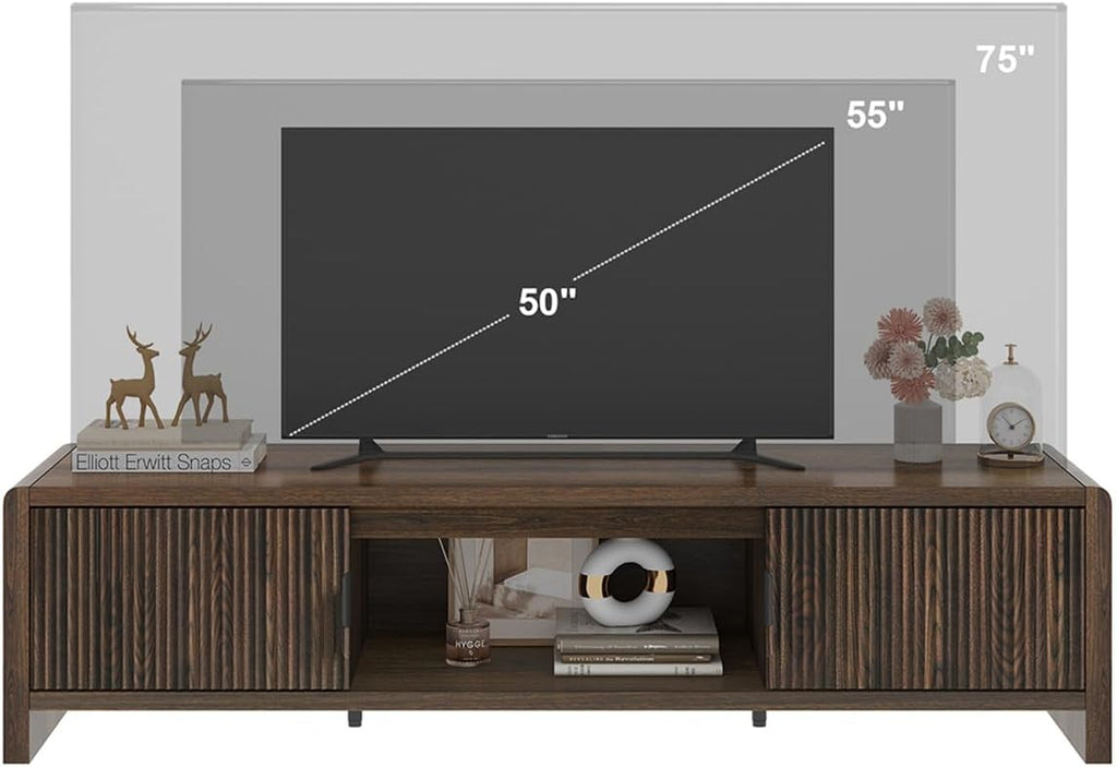 FATORRI TV Stand for 75/65/55 Inch TVs, Mid Century Modern Entertainment Center with Storage, Wood Waveform Fluted-Door Television Media Console for Living Room, Bedroom (63 Inch W, Dark Walnut)