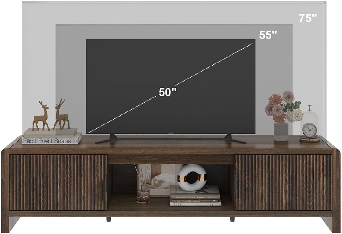 FATORRI TV Stand for 75/65/55 Inch TVs, Mid Century Modern Entertainment Center with Storage, Wood Waveform Fluted-Door Television Media Console for Living Room, Bedroom (63 Inch W, Dark Walnut)