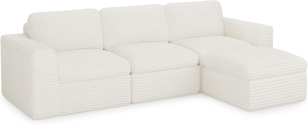 Plush Corduroy Cloud Sectional Couches for Living Room Boneless Modular Sectional Sofa Convertible 3-Seater L Shaped Couch with Ottoman. White Sofa.