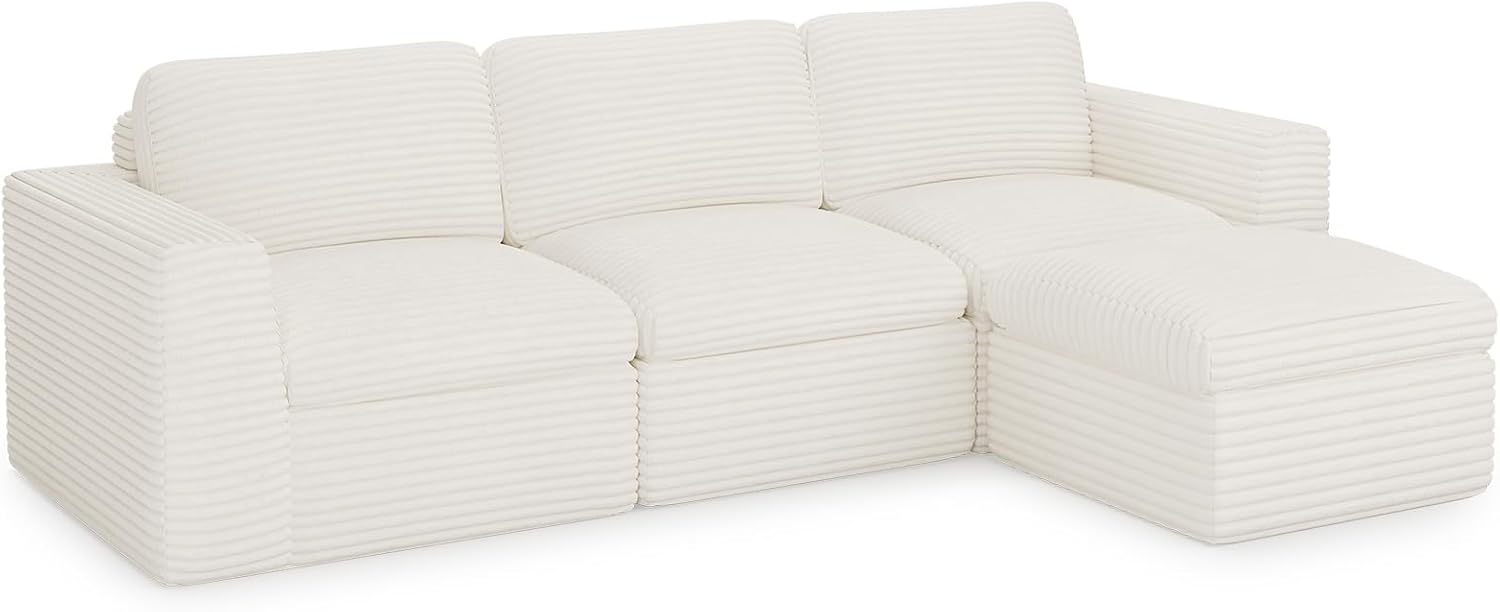 Plush Corduroy Cloud Sectional Couches for Living Room Boneless Modular Sectional Sofa Convertible 3-Seater L Shaped Couch with Ottoman. White Sofa.