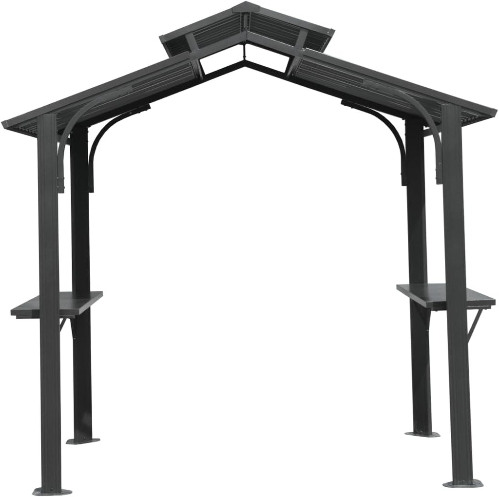 8×5FT Hardtop Grill Gazebo, Outdoor BBQ Gazebo w,Galvanized Steel Double Roof, Permanent Sun Shade Grill Canopy with 2 Side Shelves and Ceiling Hook for Patio Deck Yard G(Grey)