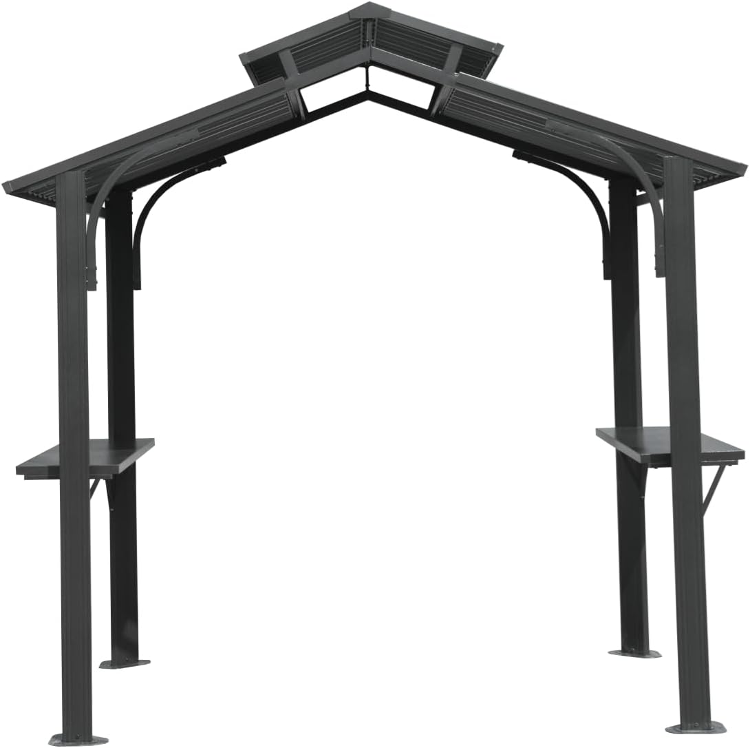 8×5FT Hardtop Grill Gazebo, Outdoor BBQ Gazebo w,Galvanized Steel Double Roof, Permanent Sun Shade Grill Canopy with 2 Side Shelves and Ceiling Hook for Patio Deck Yard G(Grey)