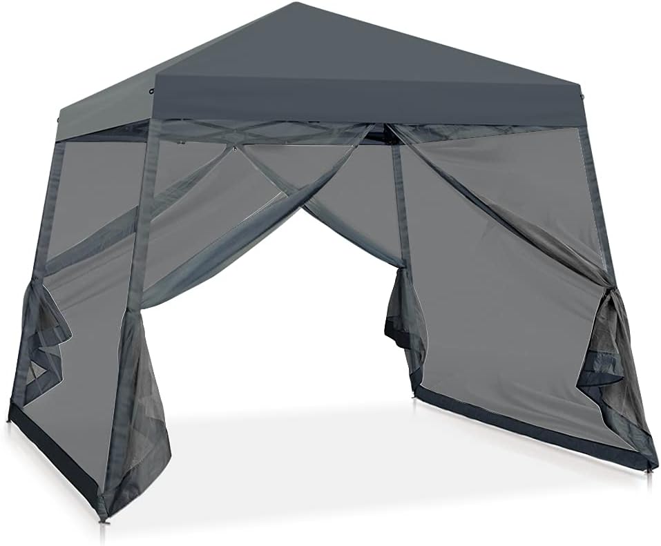 COOS BAY 10x10 Pop Up Canopy Tent with Screen Netting, Slant Leg Canopy with UPF 50+ UV Protection, 64 Sq Ft Shade, One Person Setup with Carry Bag, Gray