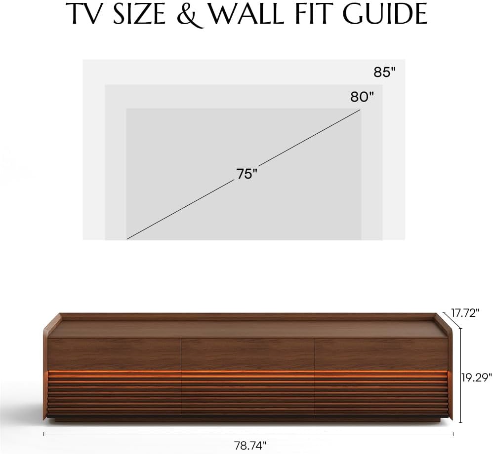 POVISON Fully-Assembled Mid Century Modern TV Stand, 78.74' Wood Media Console with Adjustable LED Light, Entertainment Center with Storage for Living Room