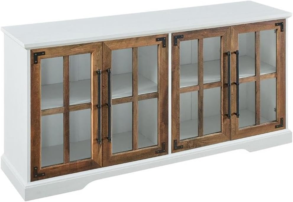 Pemberly Row 58' 4-Glass Door TV Stand Console, Brushed White and Rustic Oak Finish, Adjustable Shelves, Cord Management, Soft Close Hinges, Farmhouse Media Console for Living Room, Fits up to 64' TV