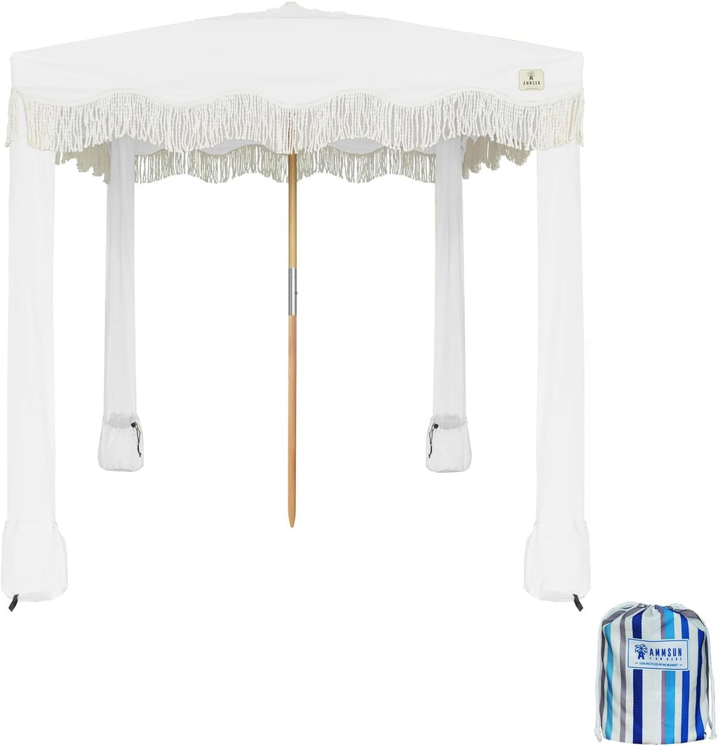AMMSUN Beach Cabana with Blanket, 7' x 7' Boho Canopy with Tassels, Premium Wood Pole, Fringe Cabana Tent with Sand Pockets, Instant Sun Shade for Sand, Garden, Outdoor, Elegant White