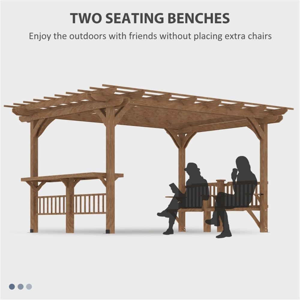 14 x 10 ft Wood Pergola with Bench Seat & Bar Table Quality Solid Wood Gazebo Pavilion for Backyard Deck Patio Outdoor Large Pergola Grape Trellis Grill Gazebo, Snow and Wind Supported