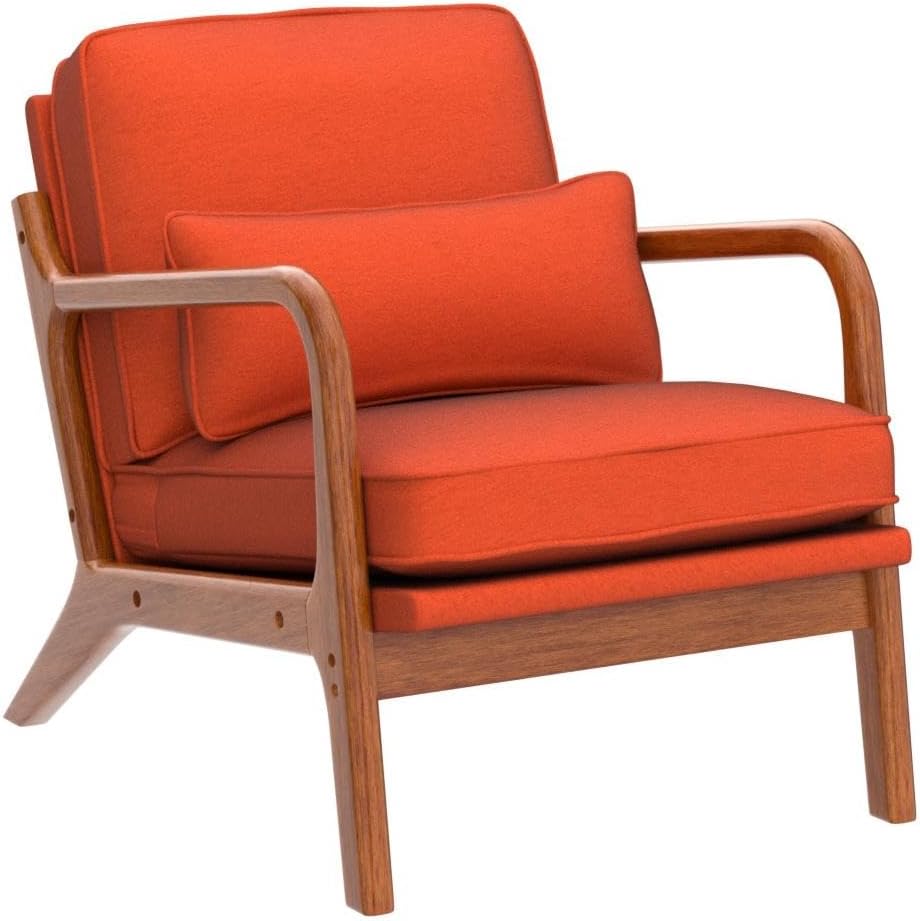 Karl home Accent Chair Mid-Century Modern Chair with Pillow Linen Fabric Upholstered Lounge Arm Chair with Solid Wood Frame & Soft Cushion for Living Room, Bedroom, Balcony, Burnt Orange