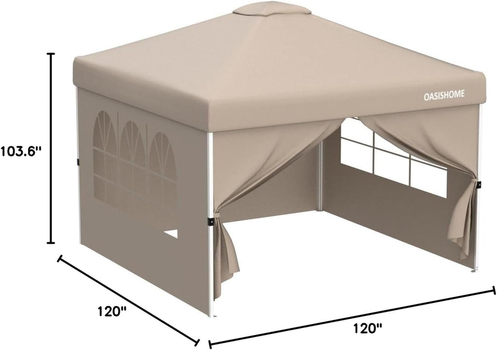 OASISHOME Pop-up Gazebo Instant Portable Canopy Tent 10'x10', with 4 Sidewalls, Windows, Wheeled Bag, for Patio/Outdoor/Wedding Parties and Events (10FTx10FT, Khaki)