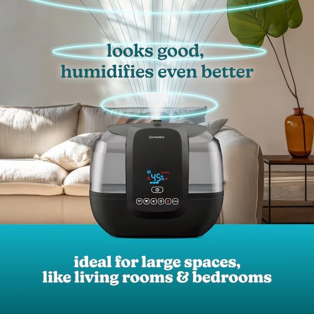 HOMEDICS Total Comfort Ultrasonic Humidifier with UV-C Technology Warm and Cool Mist, Top-Fill, 120-Hour, 2-Gallon (For Rooms Up To 587-sq ft) Black