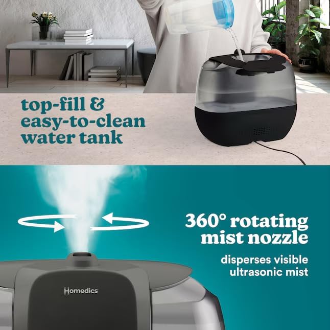 HOMEDICS Total Comfort Ultrasonic Humidifier with UV-C Technology Warm and Cool Mist, Top-Fill, 120-Hour, 2-Gallon (For Rooms Up To 587-sq ft) Black