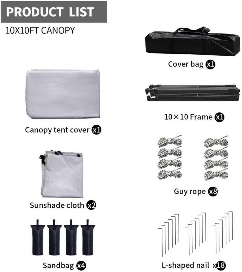 10x10 Pop Up Canopy Tent with 2 Sidewalls, Easy Up Canopy Outdoor Party Sun Shade Tent Portable Gazebo for Beach Camping Events with Carry Bag and 4 Sand Bags